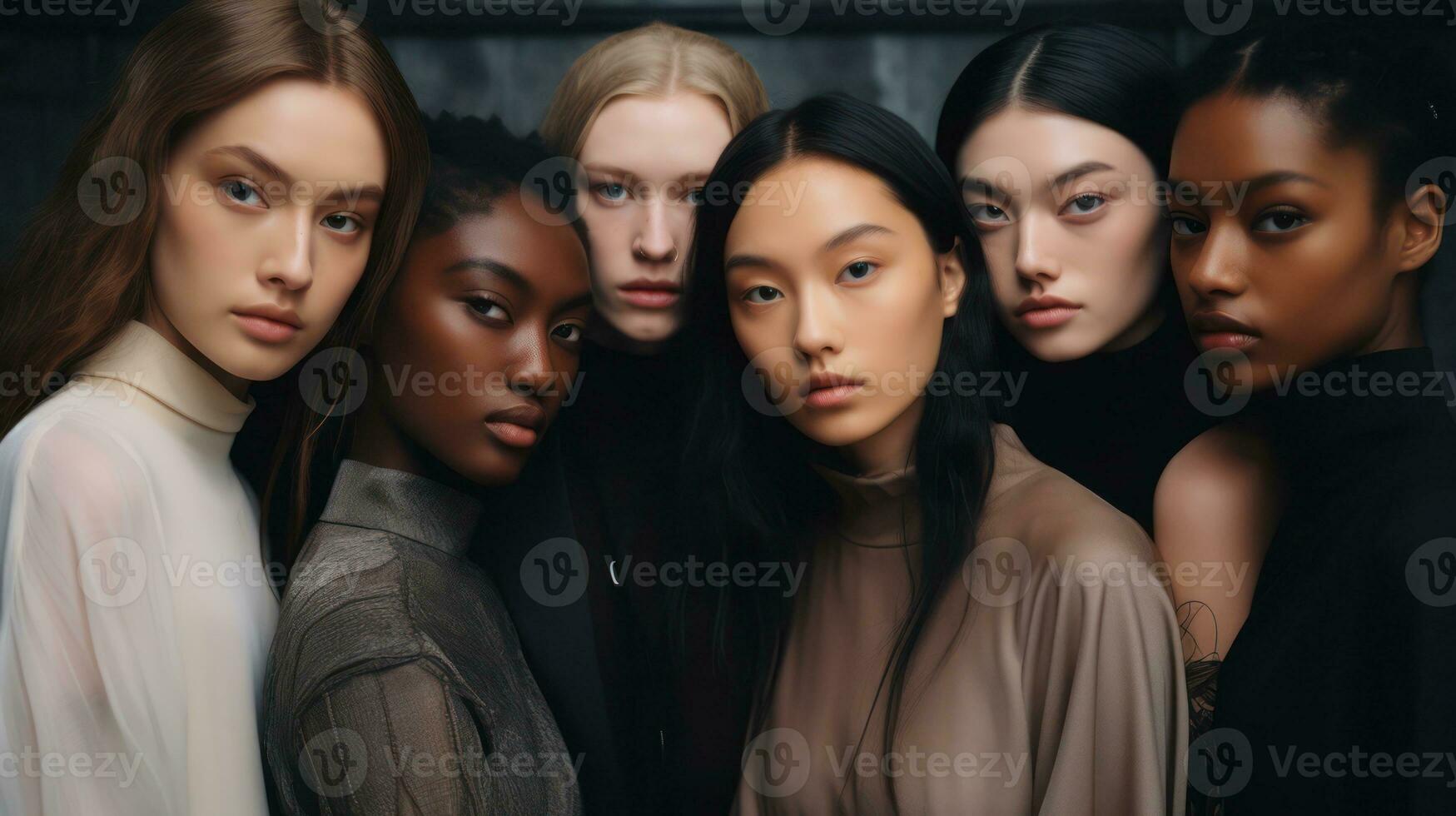 Group of young women with different skin colors posing in studio. Beauty, fashion. Generative AI photo