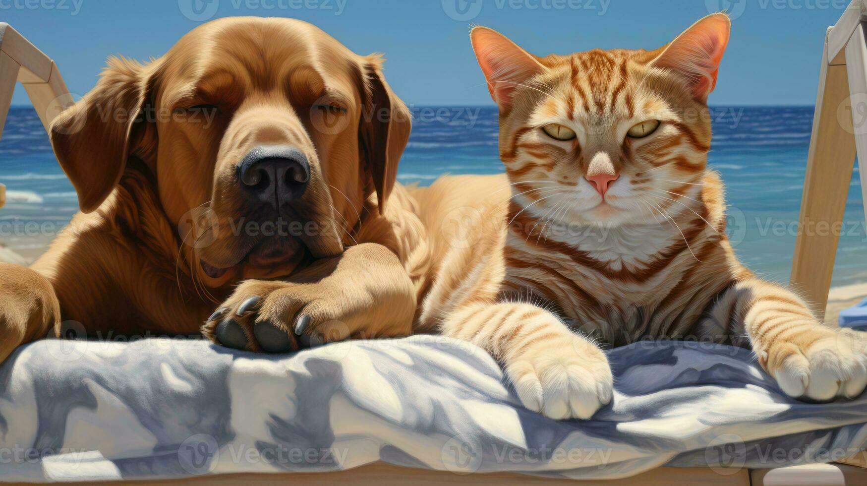Cat and dog on a bed at the beach. 3D rendering Generative AI photo
