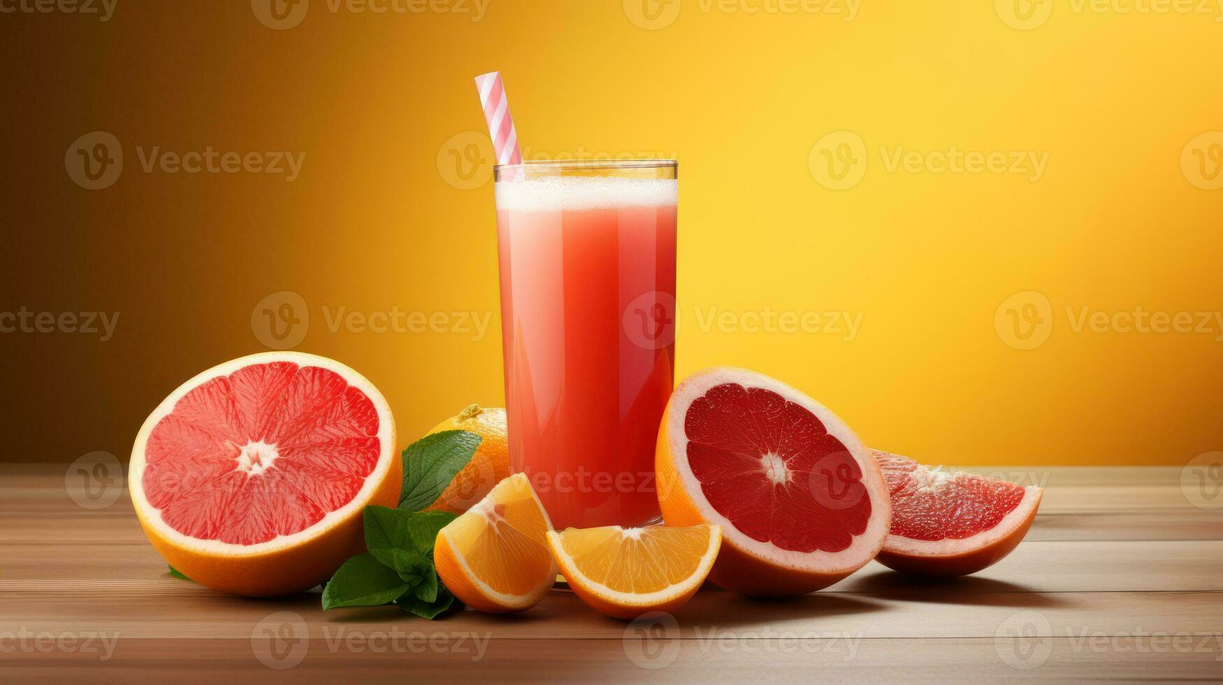 Glass of grapefruit juice and fresh fruits on wooden table with orange background Generative AI photo