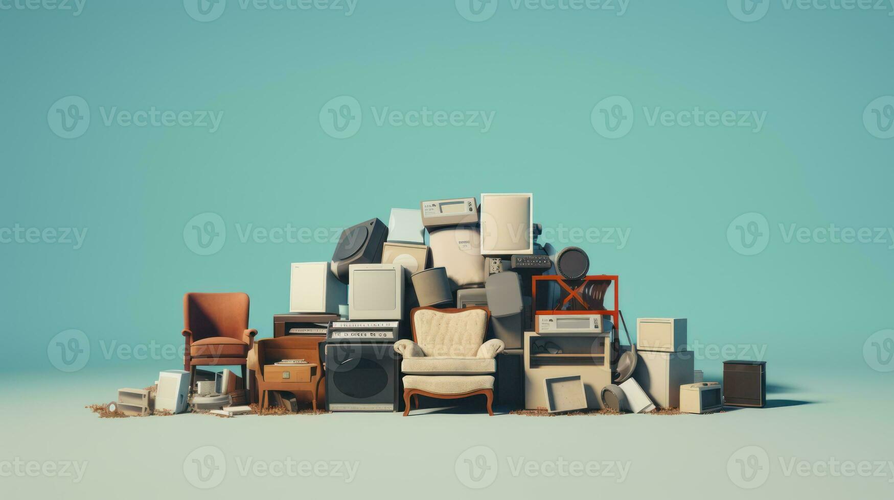 Big pile of different household appliances on blue background. 3d rendering Generative AI photo