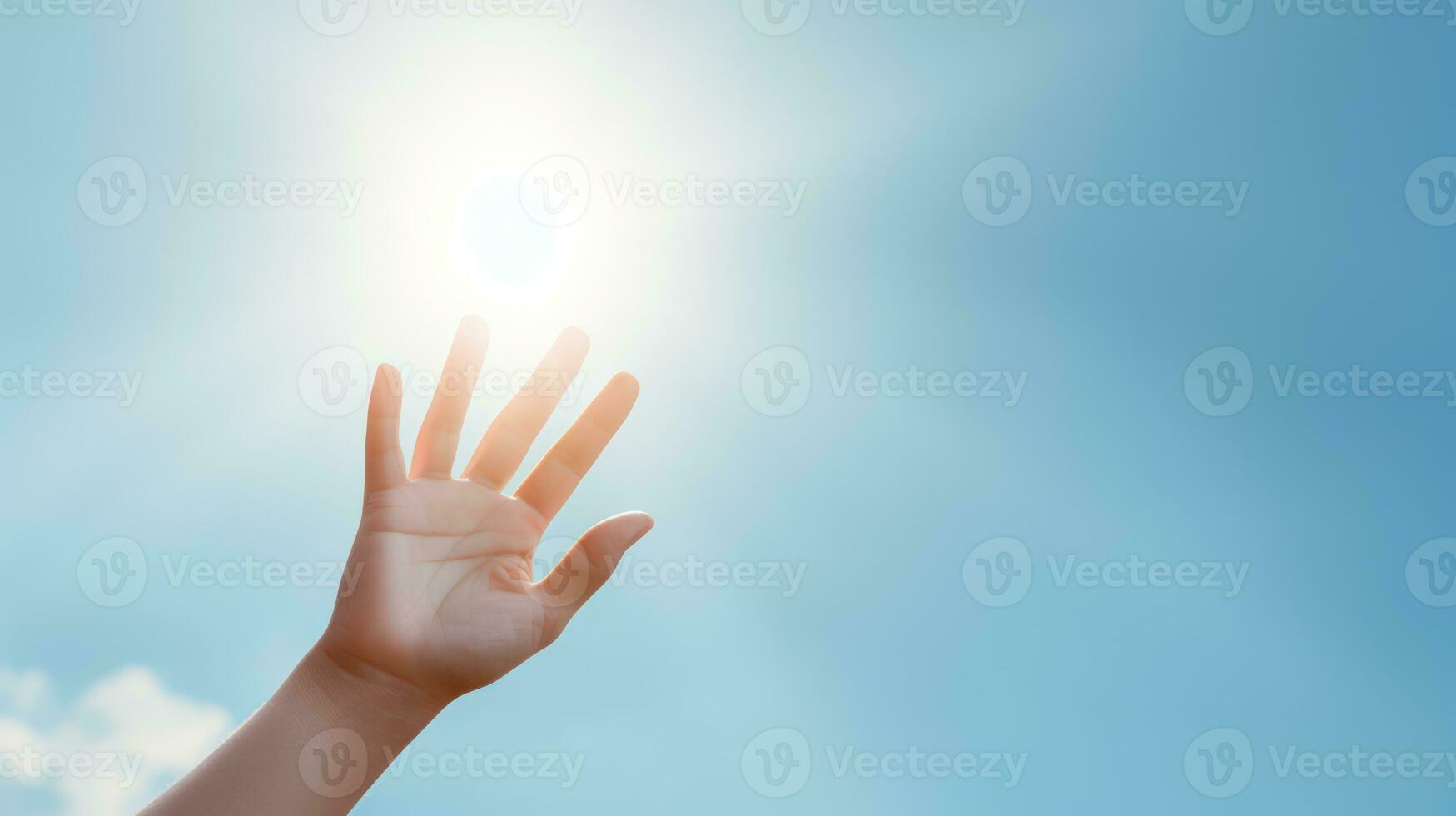 Human hand showing three fingers on blue sky background with sun rays. Generative AI photo