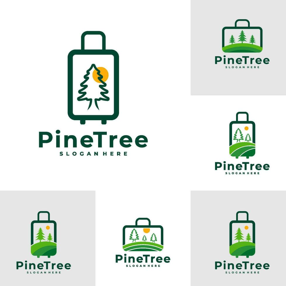 Set of Pine Tree with Suitcase logo design vector. Creative Pine Tree logo concepts template vector
