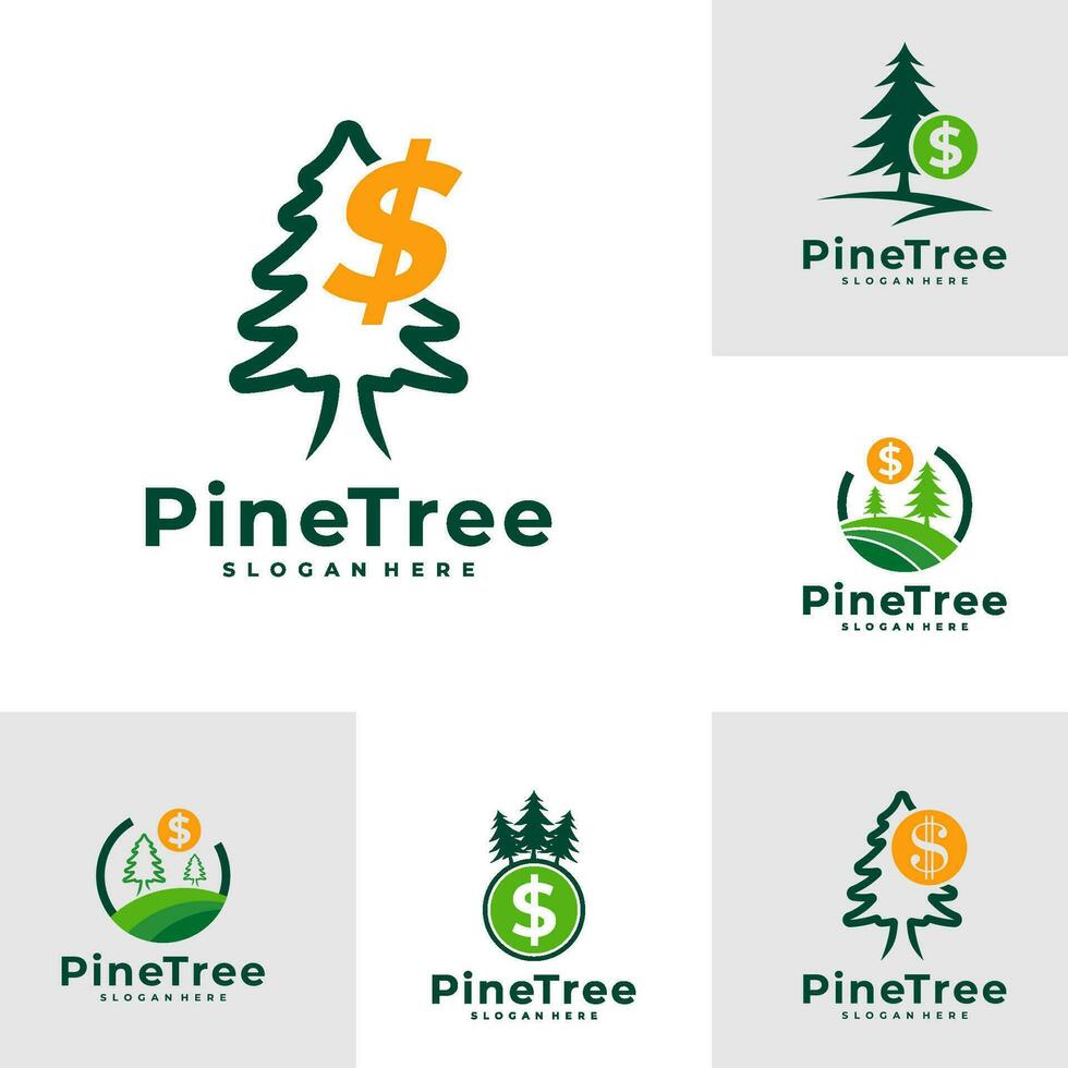 Set of Pine Tree with Money logo design vector. Creative Pine Tree logo concepts template vector