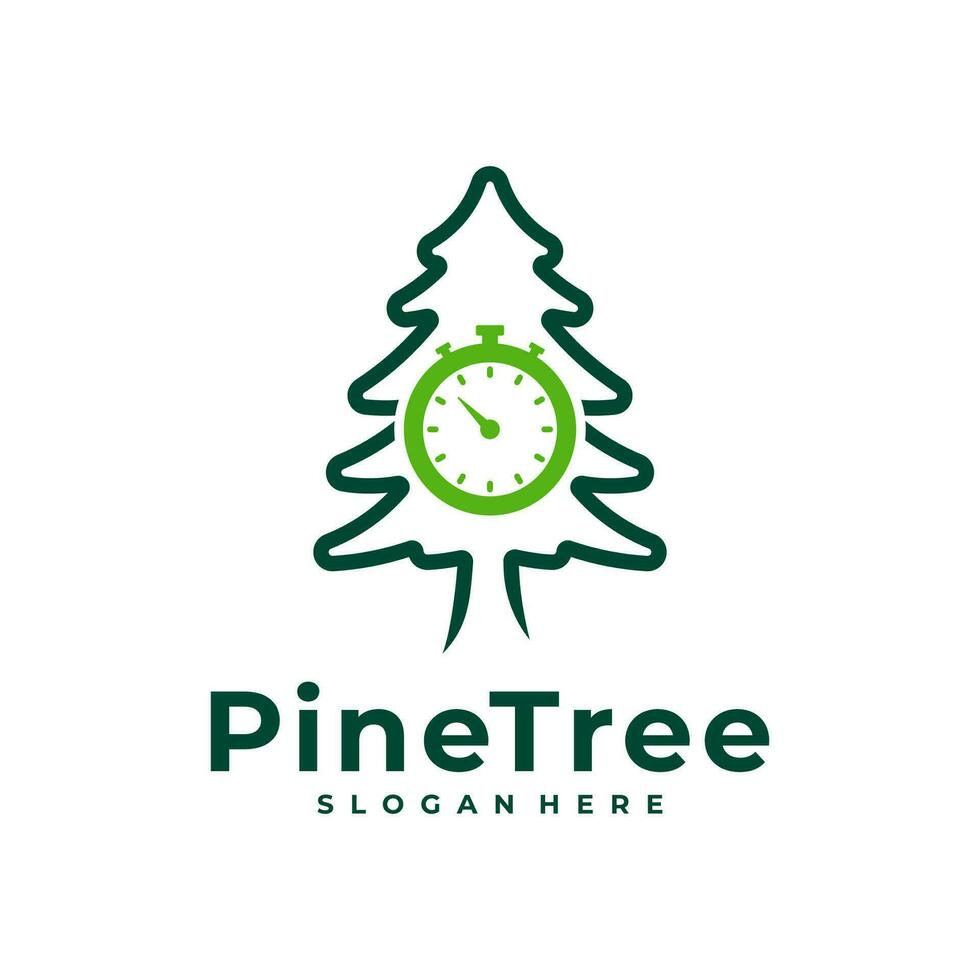 Pine Tree with Time logo design vector. Creative Pine Tree logo concepts template vector