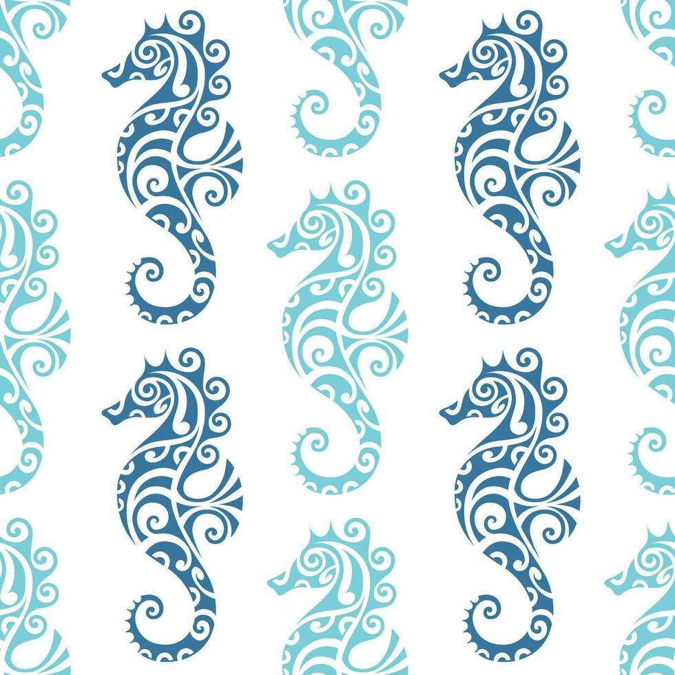 seamless pattern with seahorse maori style. Blue colors vector
