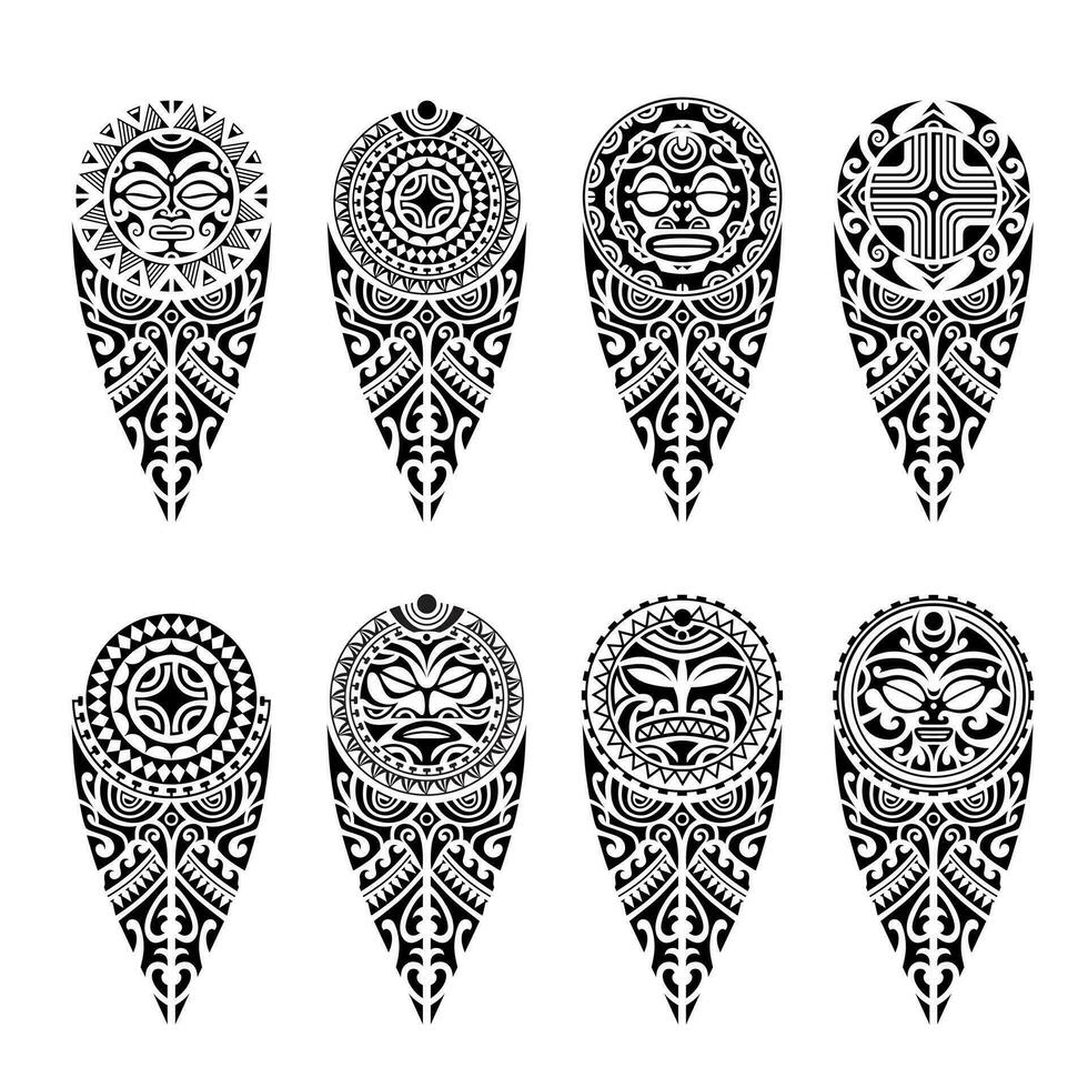 Set of tattoo sketch maori style for leg or shoulder with sun symbols face and swastika. Black and white. vector