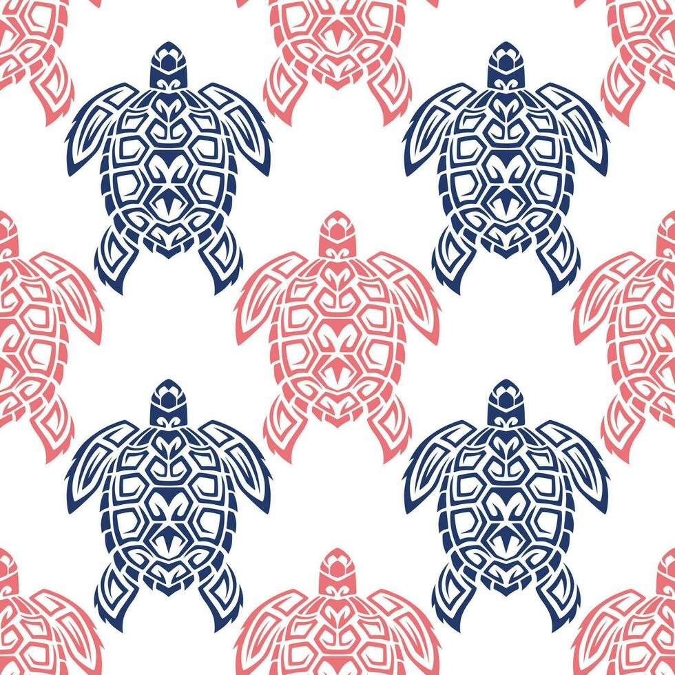 Seamless pattern with sea turtles. Marine life. Maori pattern. Stylish background. Blue and white. vector