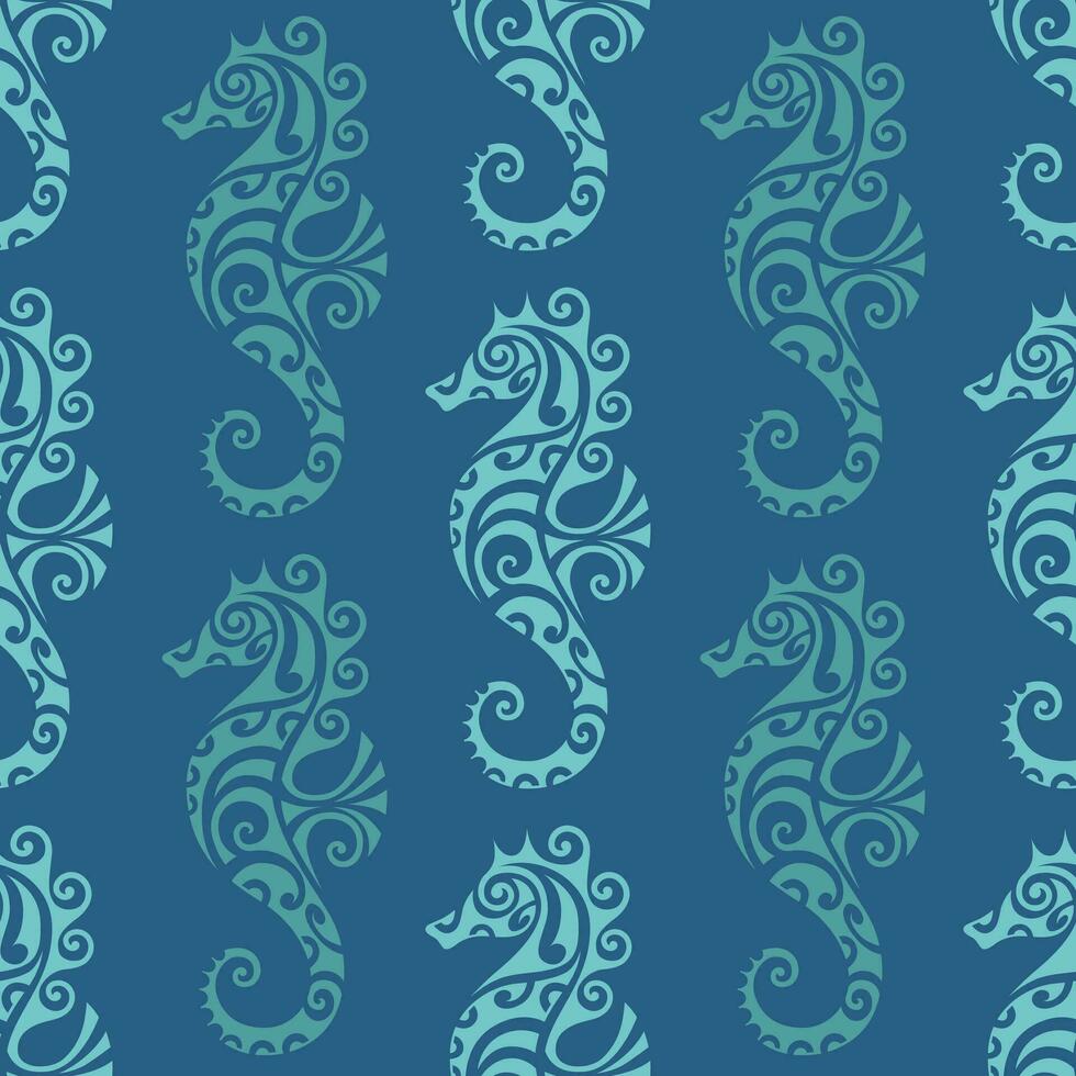 seamless pattern with seahorse maori style. Blue colors vector