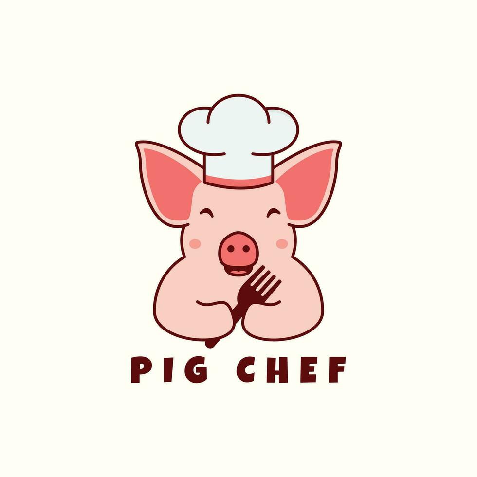 linda cerdo dibujos animados logo con tenedor y cocinero sombrero vector icono símbolo ilustración diseño animales