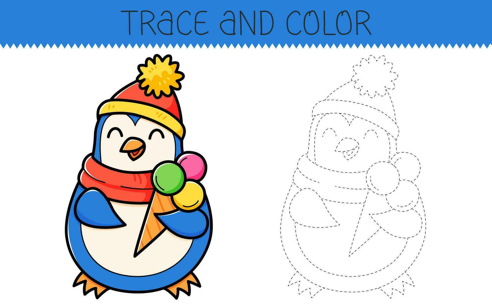 Trace and color coloring book with penguin with ice cream for kids. Coloring page with cartoon penguin with ice cream. Vector illustration