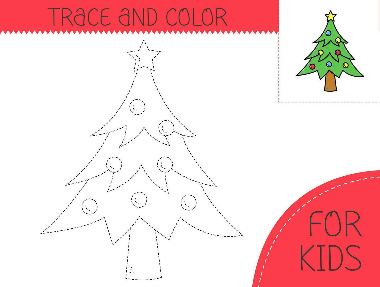 Trace and color coloring book with christmas tree for kids. Coloring page with cartoon christmas tree. Vector illustration for kids