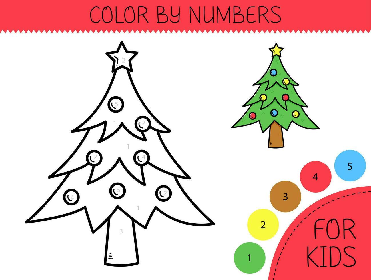 color por números colorante página para niños con linda Navidad árbol. colorante libro con dibujos animados Navidad árbol con un ejemplo para colorante. monocromo y color versiones. vector ilustración