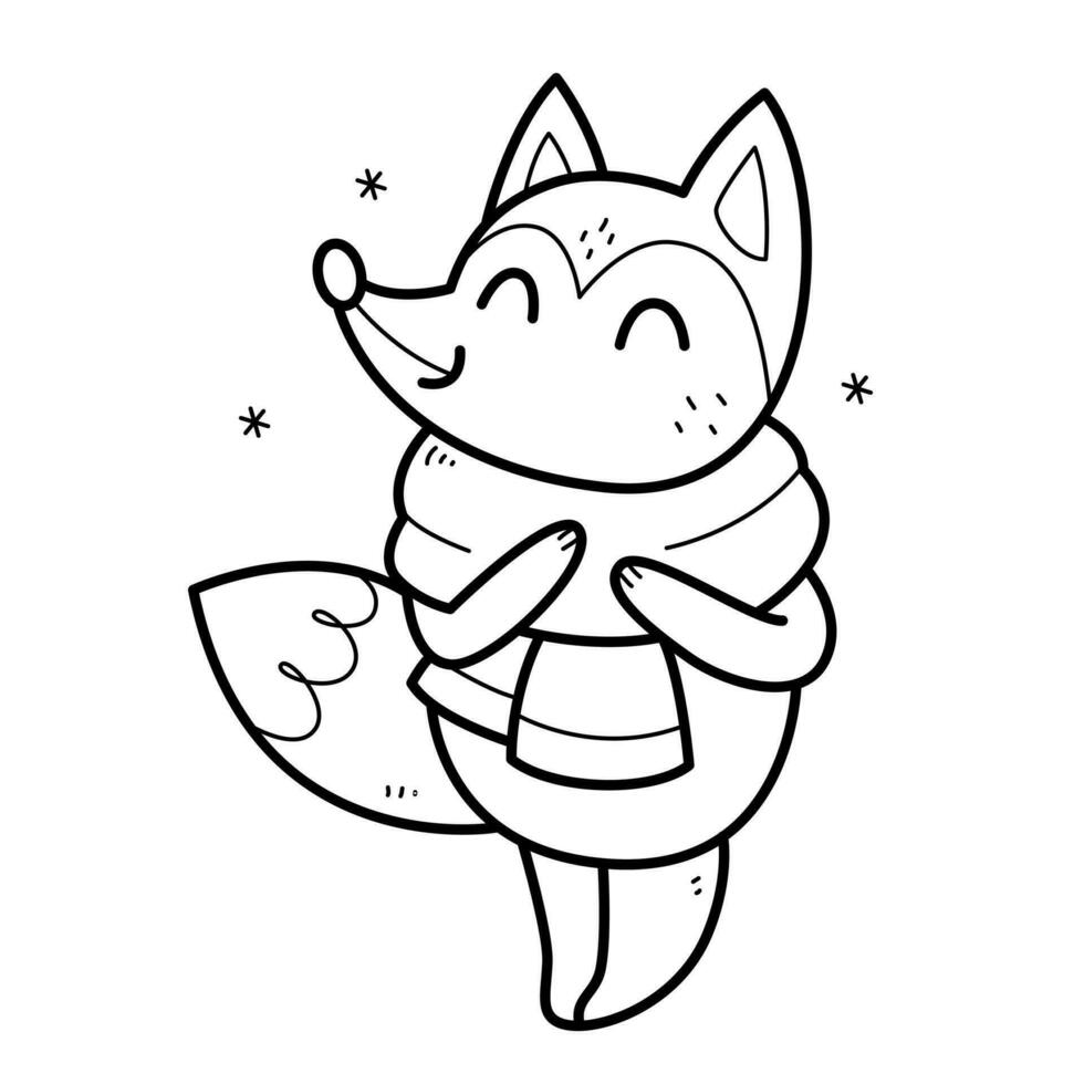 Fox with a scarf coloring book for kids. Coloring page. Monochrome black and white illustration. Vector children's illustration