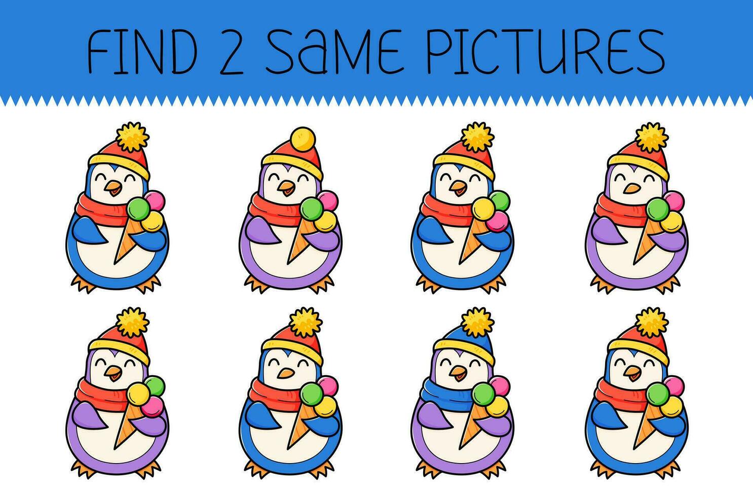 Find two same pictures is an educational game for kids with cute penguin with ice cream. Cute cartoon penguin. Vector illustration