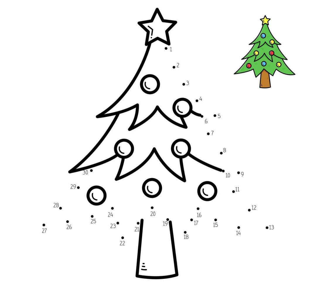 Dot to dot game coloring book with christmas tree for kids. Coloring page with cute cartoon christmas tree. Connect the dots vector illustration