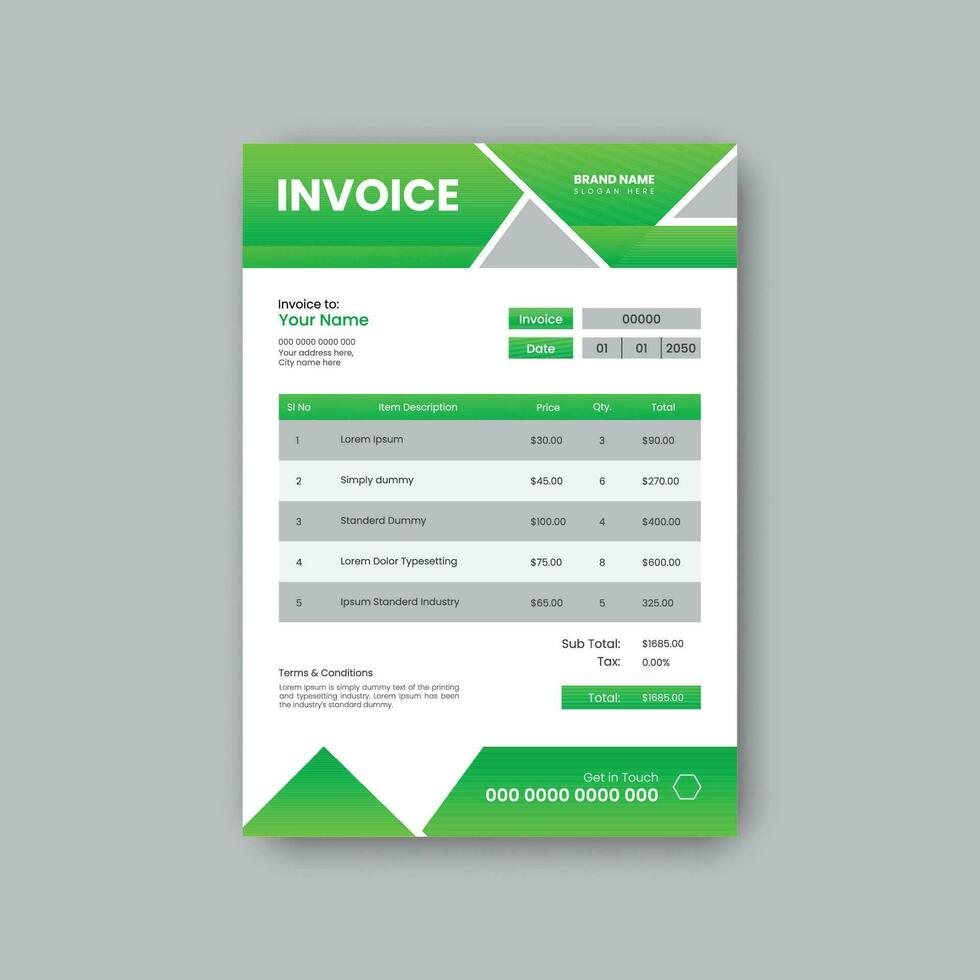 Modern minimalist green color bill agreement or invoice design template. vector
