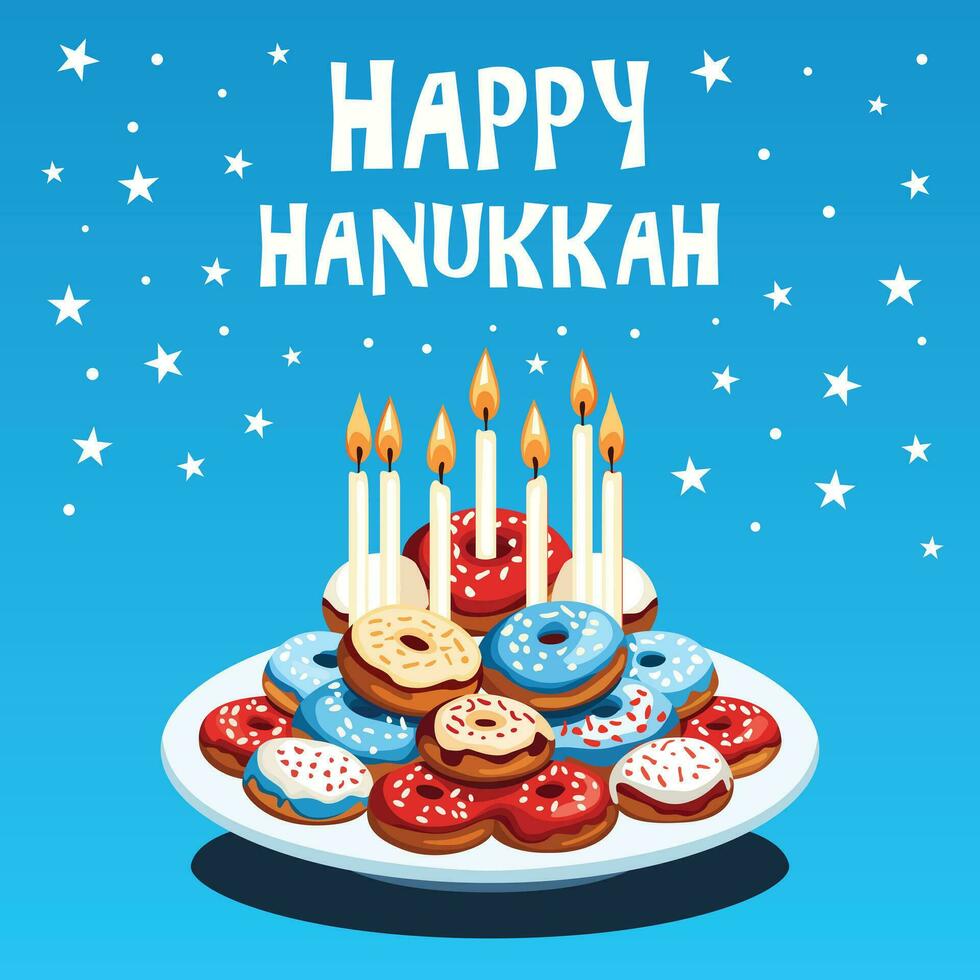 7 vibrant candles, delectable donuts, and a Happy Hanukkah greeting create a festive vector scene, a sweet celebration of light and joy.