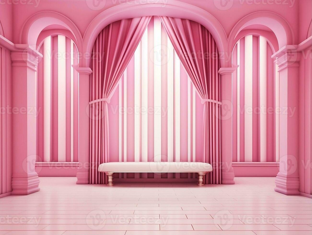 3D rendering of an empty pink striped room with an open window AI Generative photo