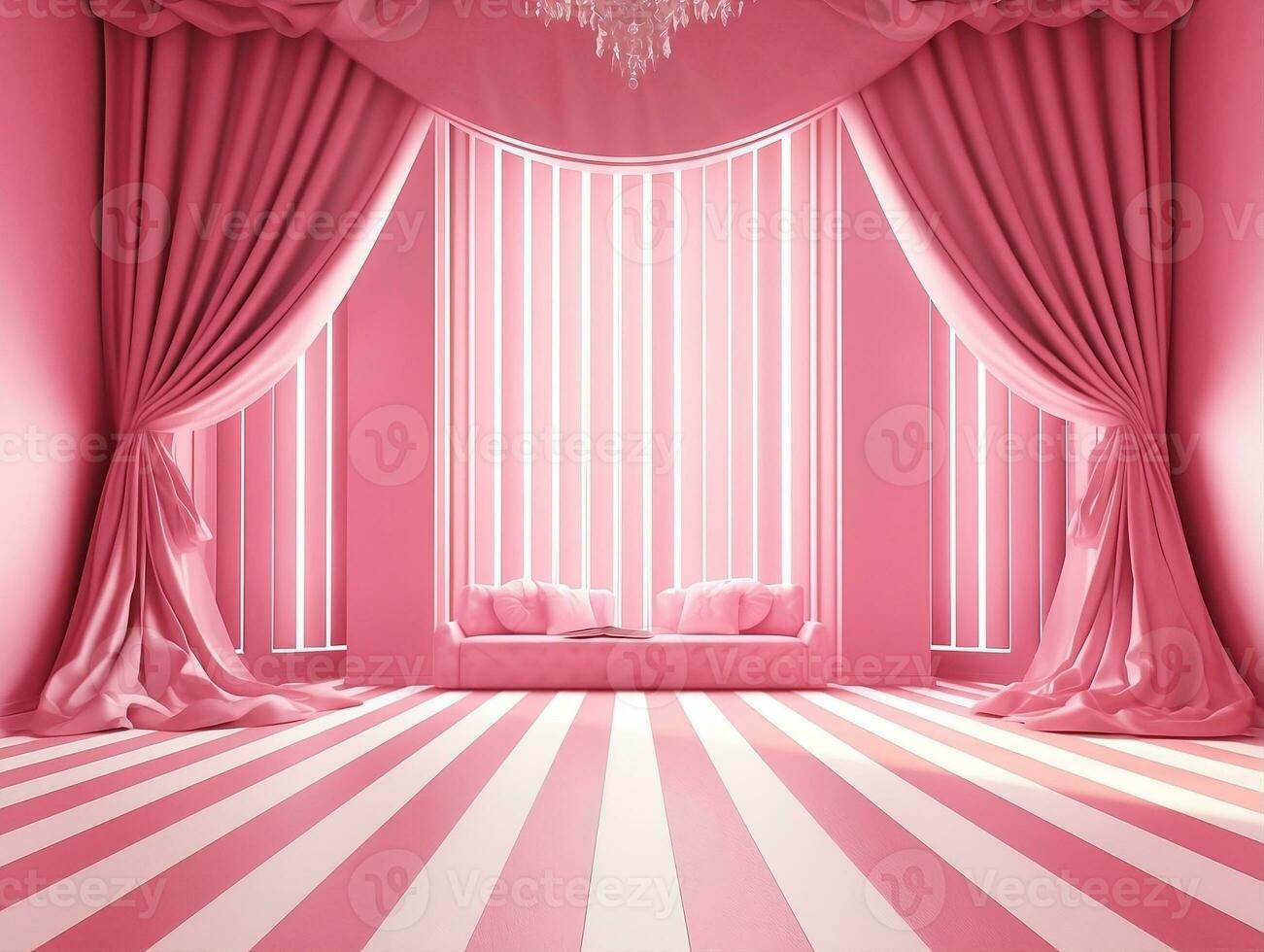 3D rendering of an empty pink striped room with an open window AI Generative photo