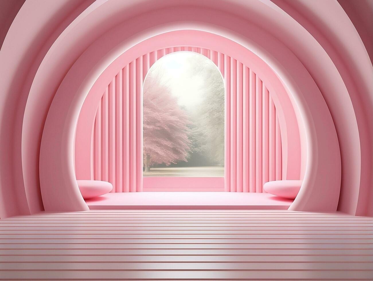 3D rendering of an empty pink striped room with an open window AI Generative photo