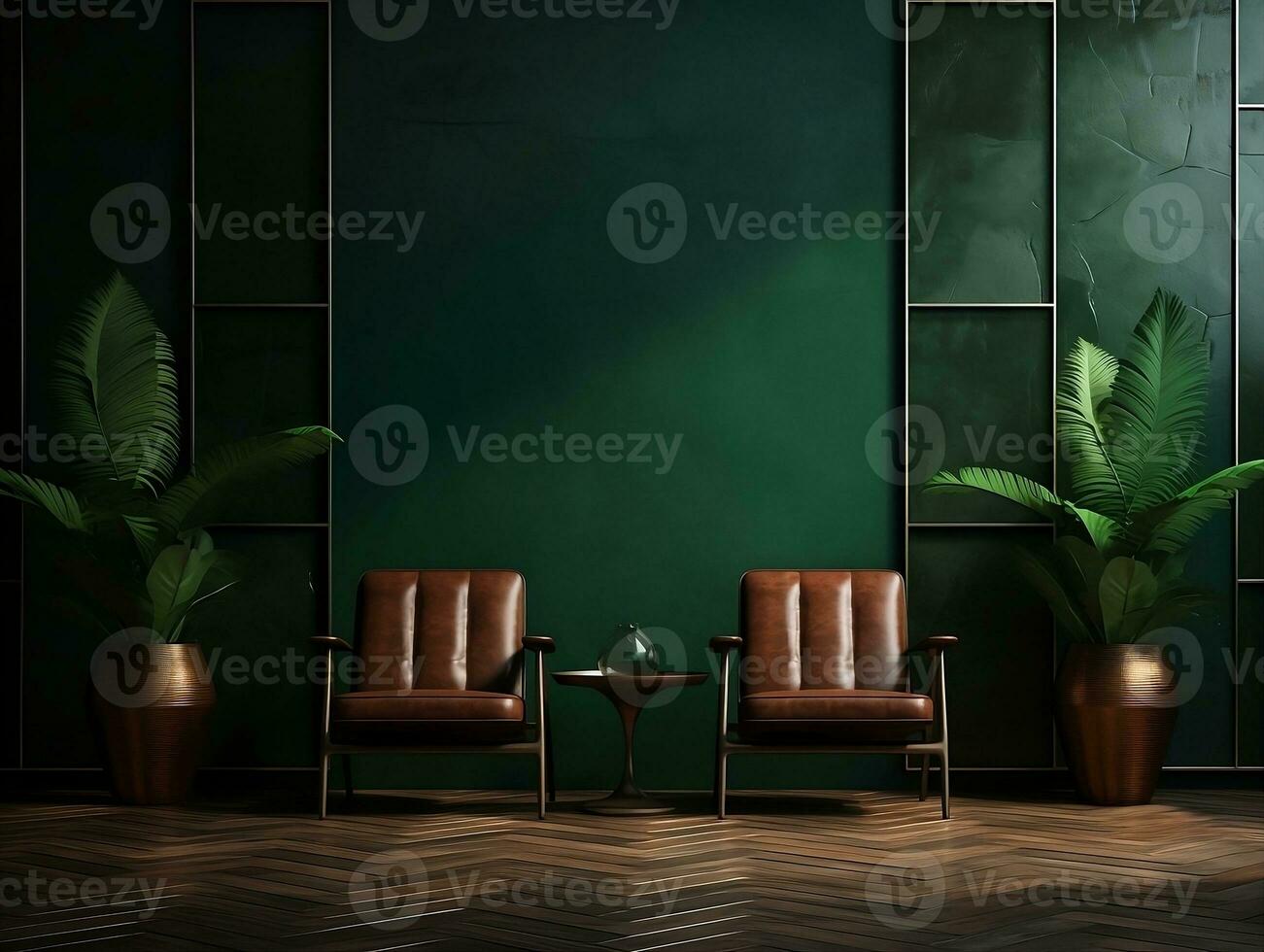 Dark green tiled walls room with two chairs and a plant AI Generative photo