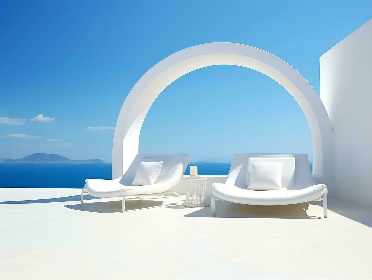 Two sunbeds on the white terrace with an arch under a blue sky AI Generative photo