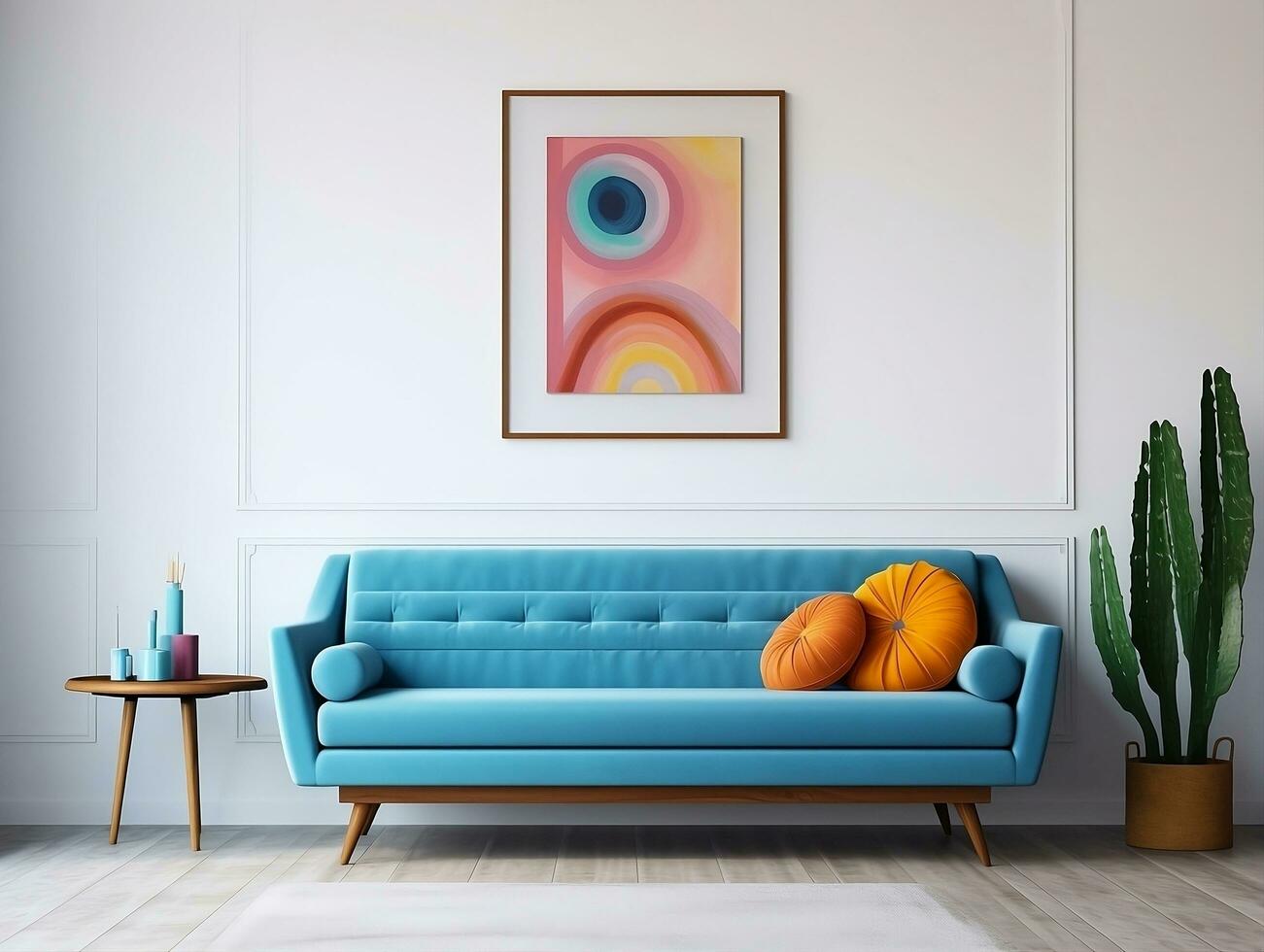 Mid century style interior living room with blue sofa against white wall and art poster frame AI Generative photo