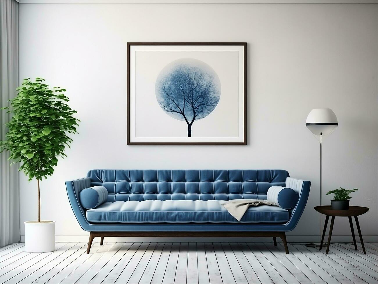 Mid century style interior living room with blue sofa against white wall and art poster frame AI Generative photo