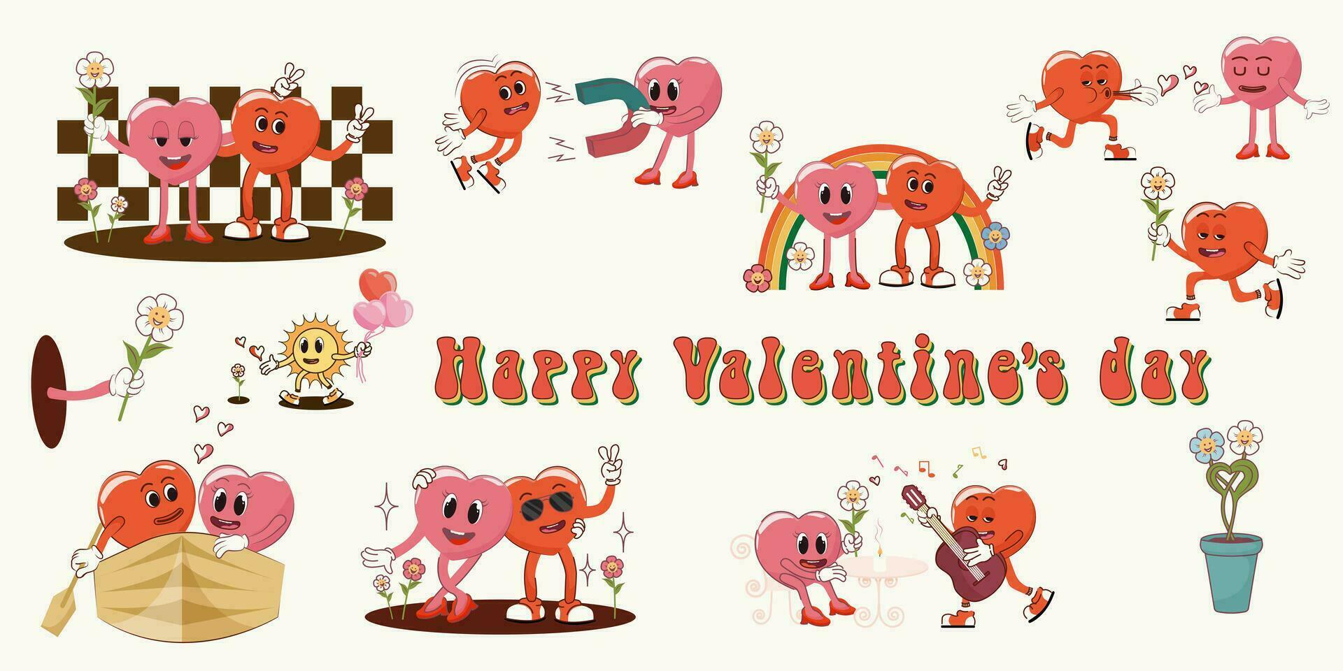 Happy Valentine's Day. Set of retro characters in groovy animation style. Trendy retro style of the 90's. Y2K. vector