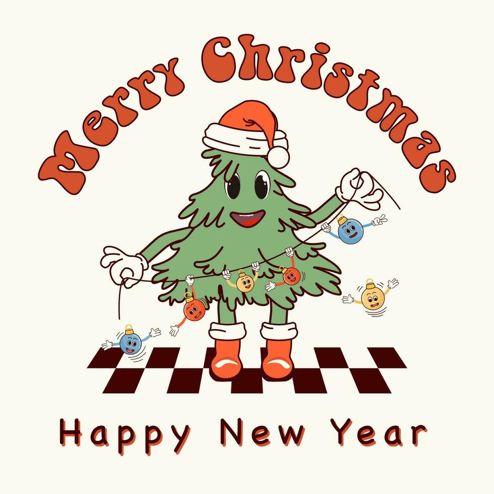 Merry Christmas. Cute Christmas tree with ornaments. Retro character in cartoon style groovy. Atmosphere of the 60's and 70's. Merry Christmas and Happy New Year. vector