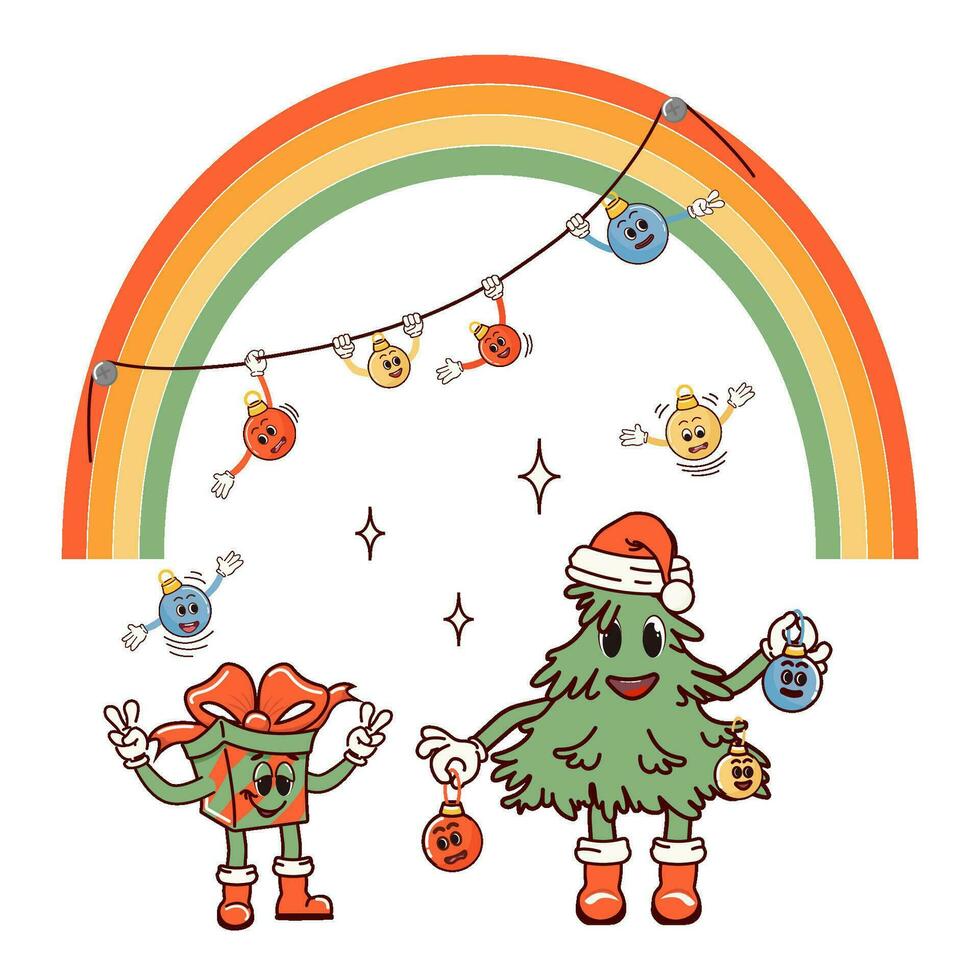 Navidad árbol con regalo caja. retro personaje en dibujos animados Moda maravilloso estilo. atmósfera de el Años 60 y Años 70. alegre Navidad y contento nuevo año. vector