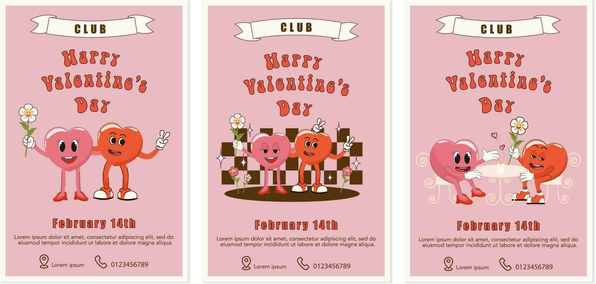 Cards for Valentine's Day. Happy Valentine's Day. Fashionable retro style of the 90s. y2k.Cartoon style. vector