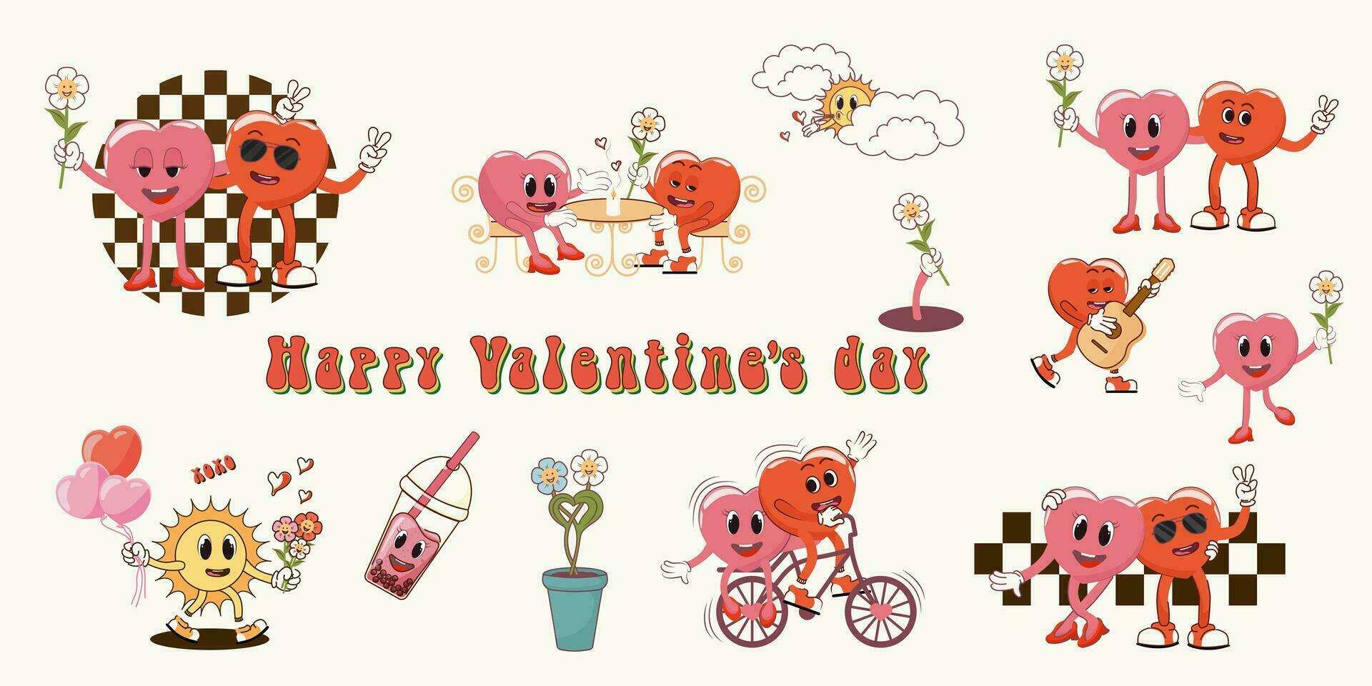 Happy Valentine's Day. Set of retro characters in groovy animation style. Disco with romantic atmosphere. Trendy retro style of the 90's. Y2K. vector