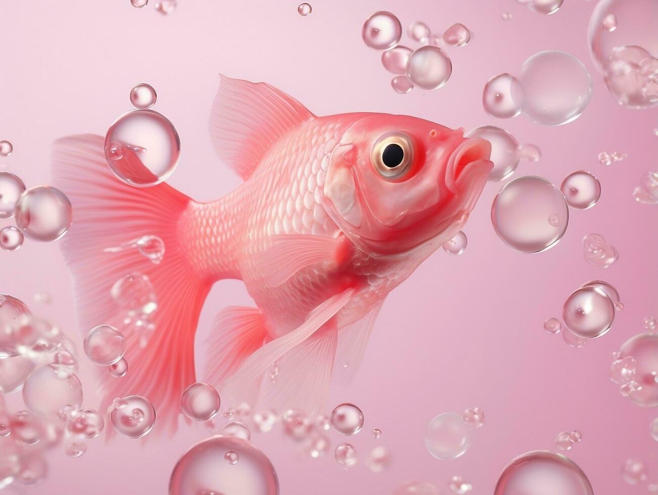 Beautiful pink fish swimming with bubbles from a pink background AI Generative photo