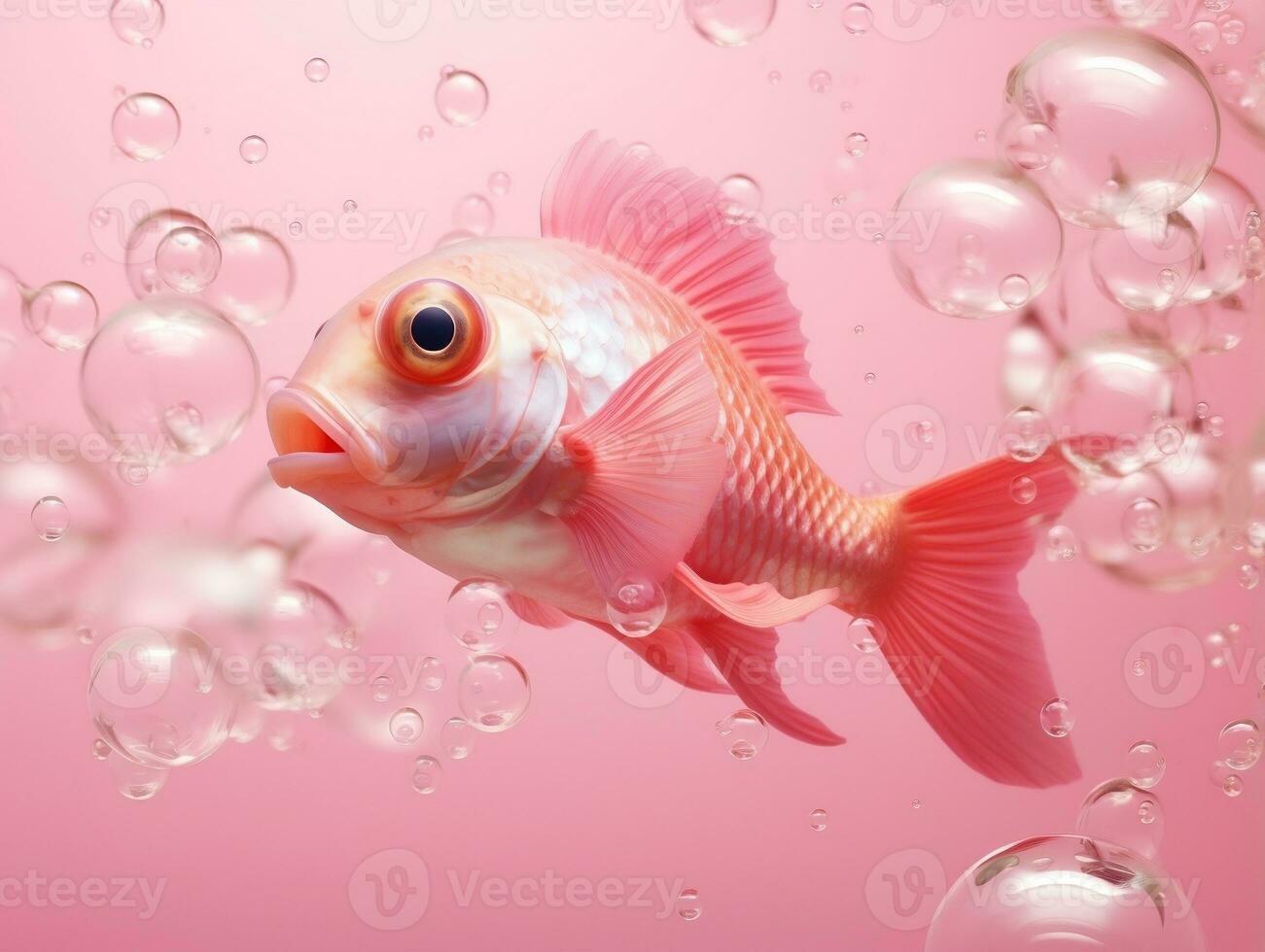 Beautiful pink fish swimming with bubbles from a pink background AI Generative photo