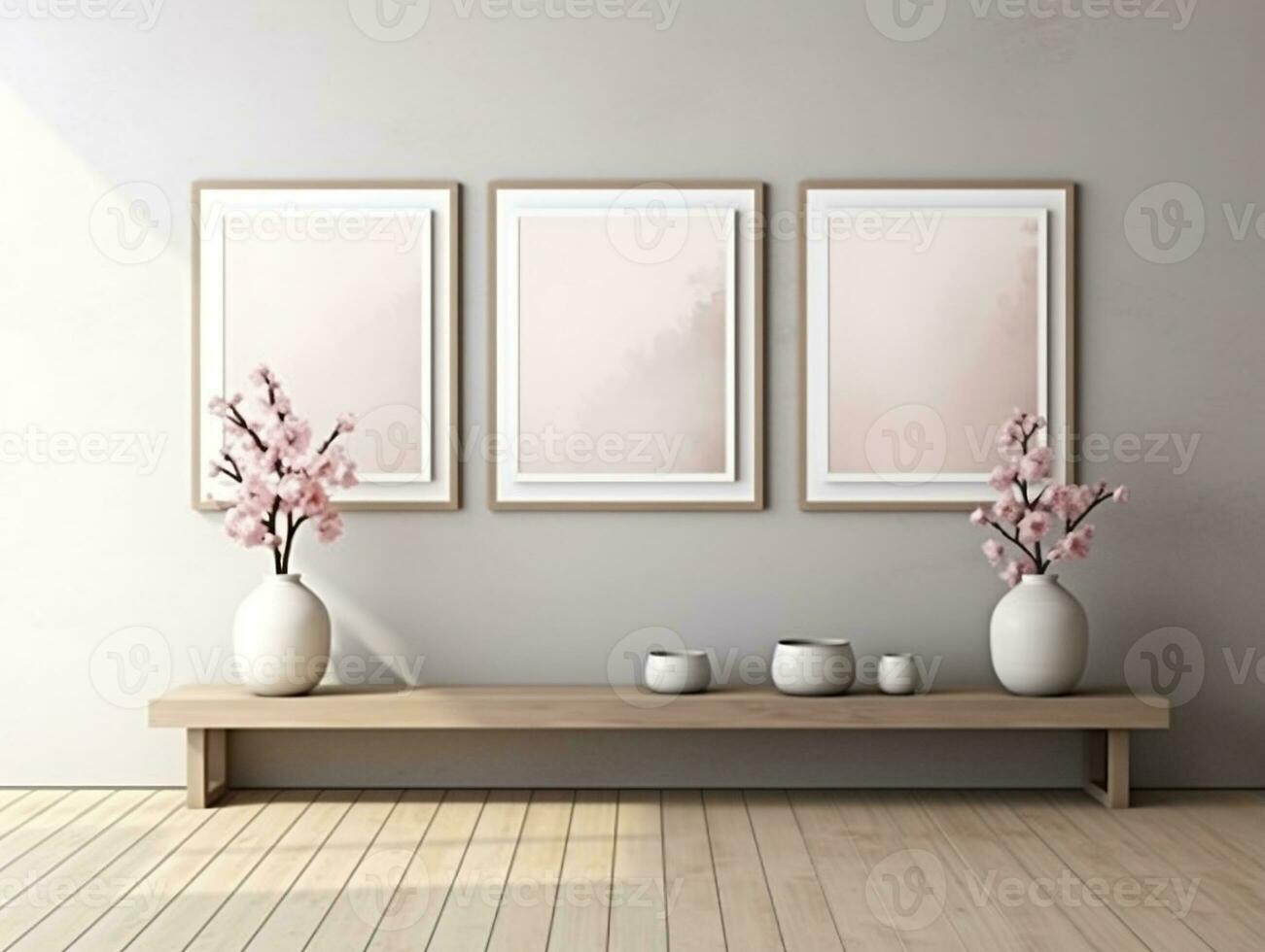 3D empty wall and wooden floor with frameless white posters mockup for art pictures and a side potted flowers AI Generative photo