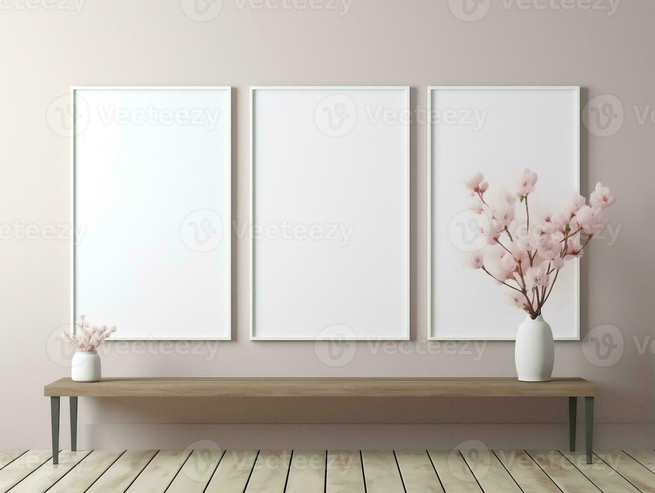 3D empty wall and wooden floor with frameless white posters mockup for art pictures and a side potted flowers AI Generative photo
