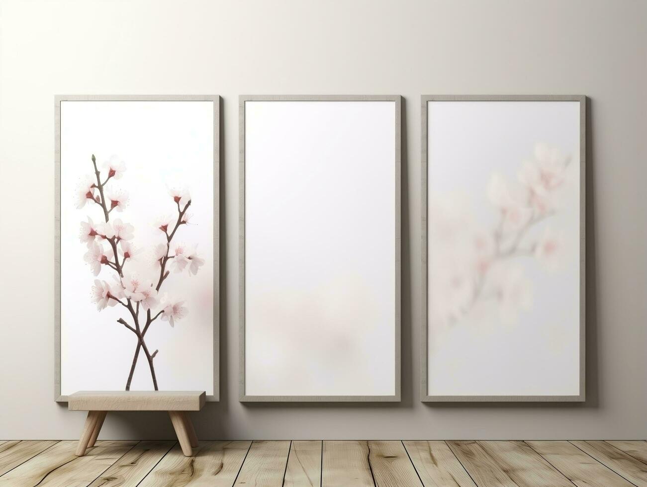 3D empty wall and wooden floor with frameless white posters mockup for art pictures and a side potted flowers AI Generative photo