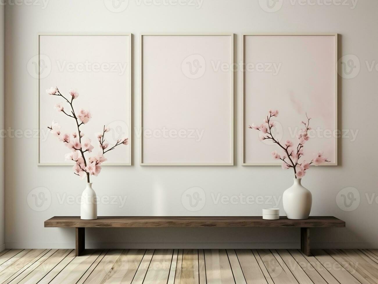 3D empty wall and wooden floor with frameless white posters mockup for art pictures and a side potted flowers AI Generative photo