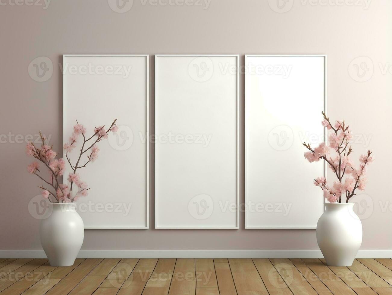 3D empty wall and wooden floor with frameless white posters mockup for art pictures and a side potted flowers AI Generative photo