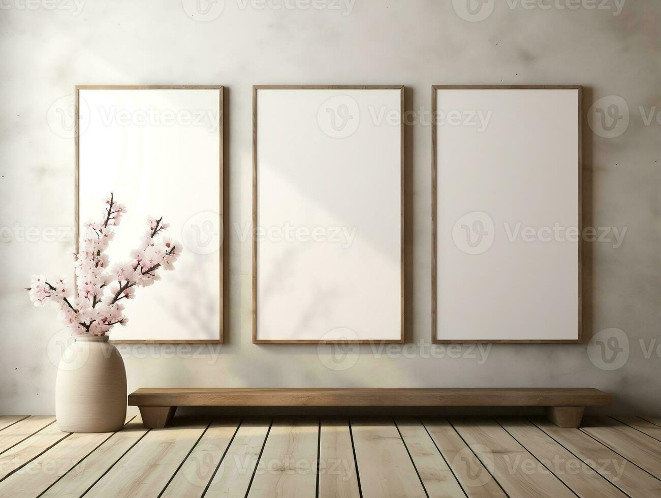 3D empty wall and wooden floor with frameless white posters mockup for art pictures and a side potted flowers AI Generative photo