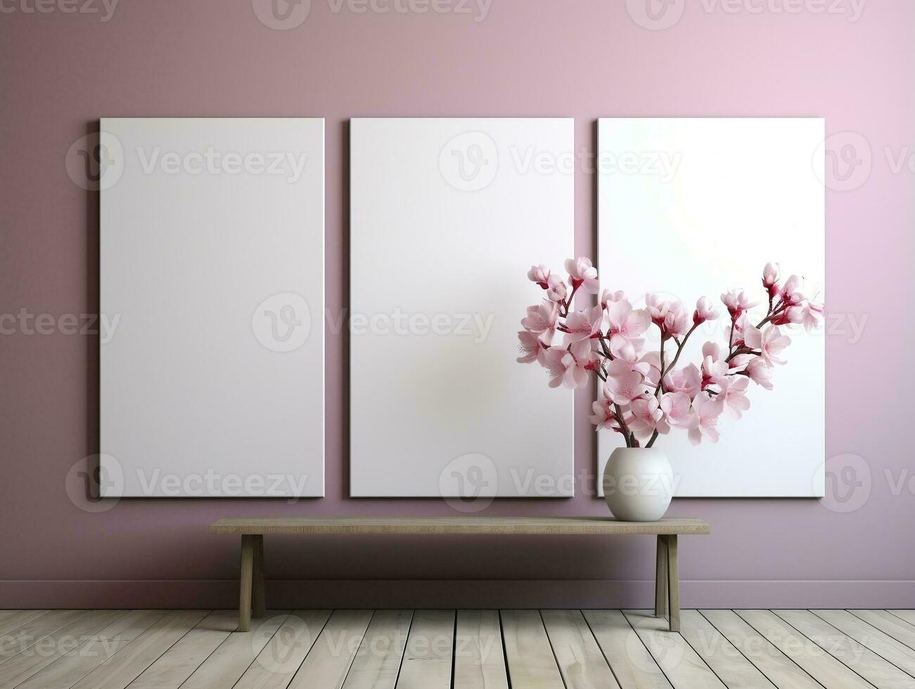 3D empty wall and wooden floor with frameless white posters mockup for art pictures and a side potted flowers AI Generative photo