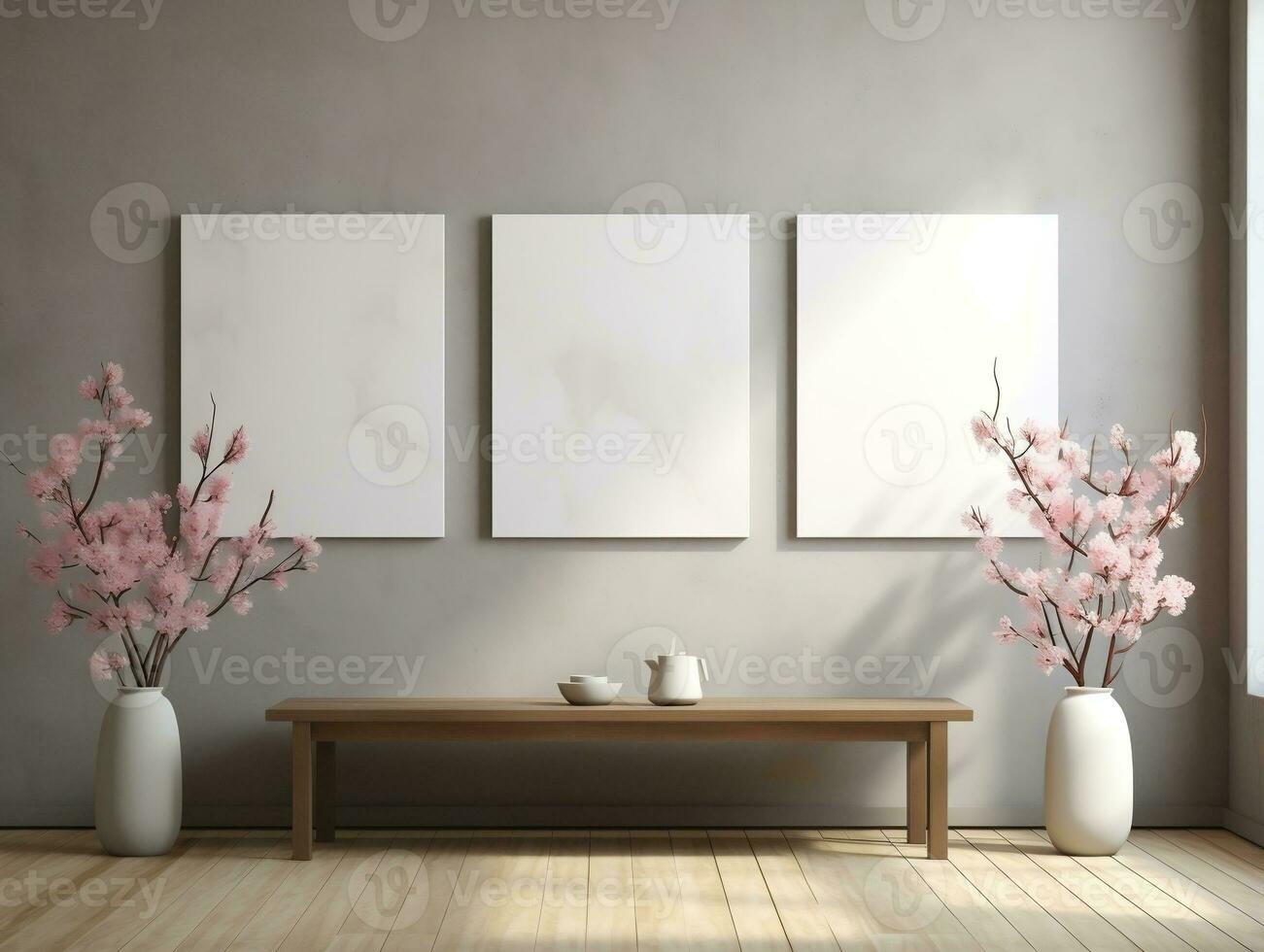 3D empty wall and wooden floor with frameless white posters mockup for art pictures and a side potted flowers AI Generative photo