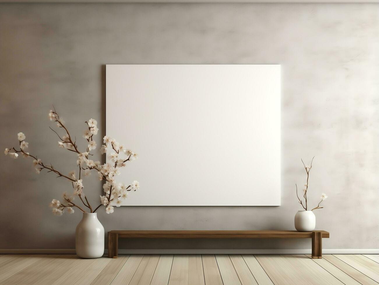 3D empty wall and wooden floor with frameless white posters mockup for art pictures and a side potted flowers AI Generative photo