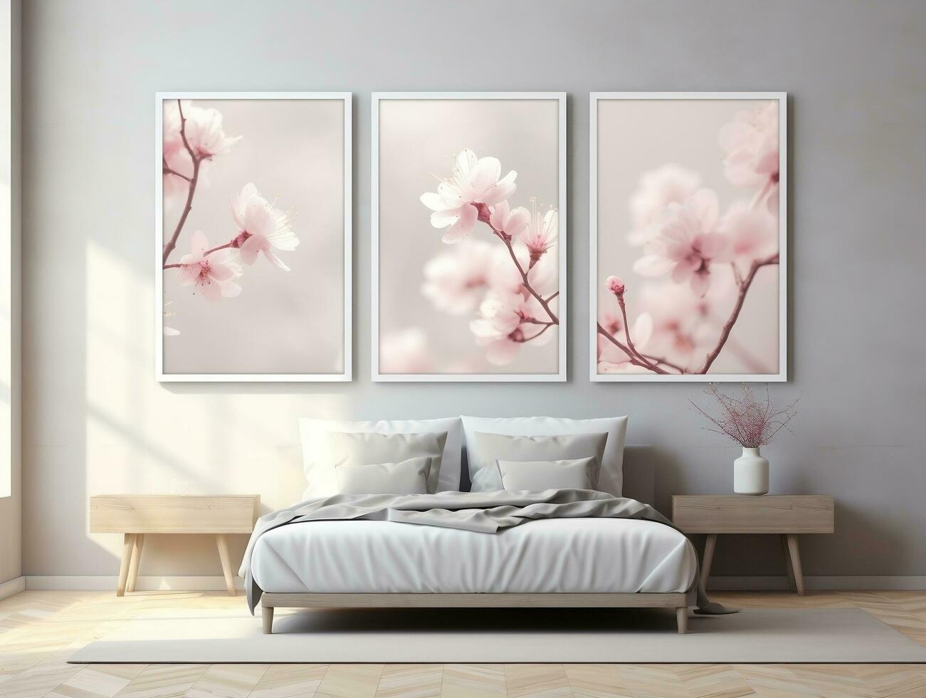 3D empty wall and wooden floor with frameless white posters mockup for art pictures and a side potted flowers AI Generative photo