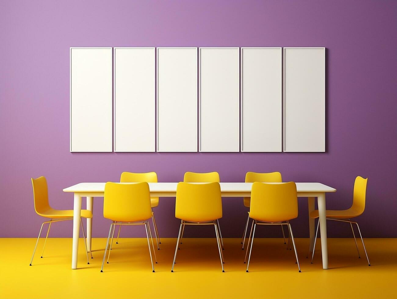 Set of blank white frames mockup displayed on a yellow wall AI Generative photo