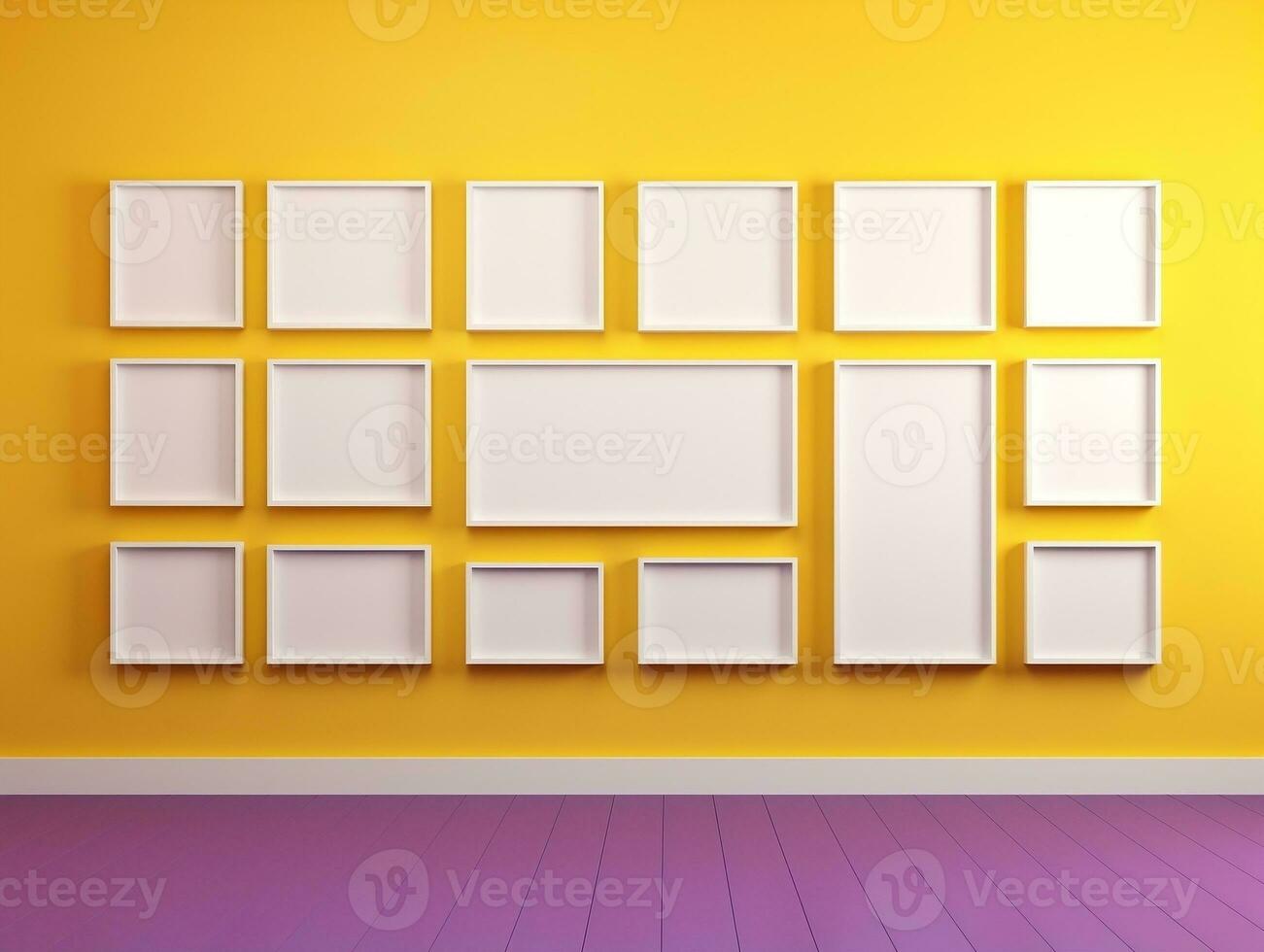 Set of blank white frames mockup displayed on a yellow wall AI Generative photo