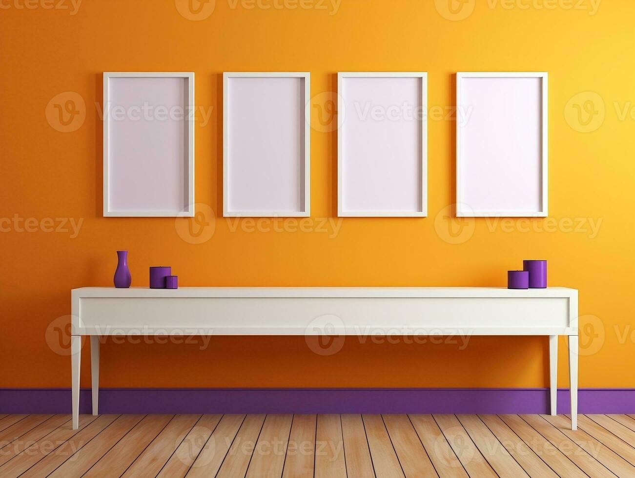 Set of blank white frames mockup displayed on a yellow wall AI Generative photo