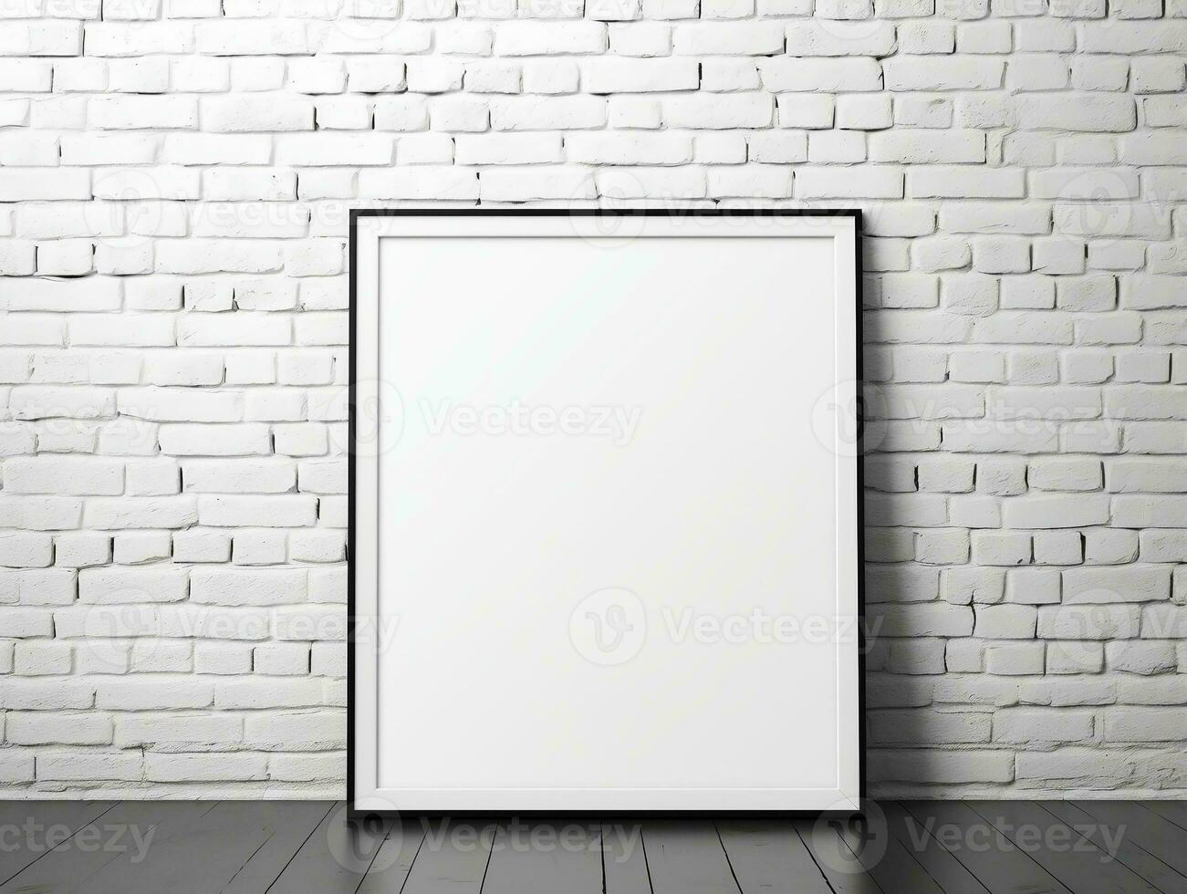 White modern brick wall with a blank photo frame mockup AI Generative