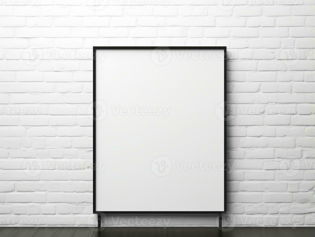 White modern brick wall with a blank photo frame mockup AI Generative
